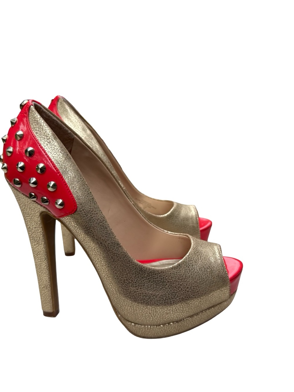 G by Guess Gold Metallic and Red Studded Peep Toe Platform High Heels Size